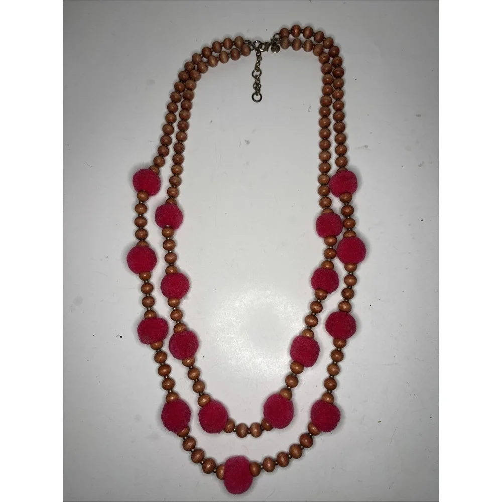 J Crew Pom Pom Necklace Wood Beads Hot Pink Brown Double Strand Beaded Jewelry